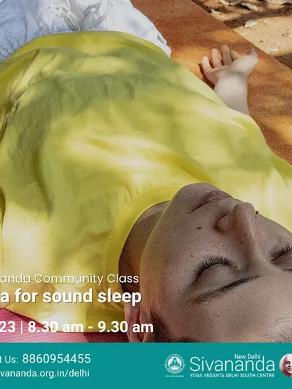 A graphic for our community class on "Yoga for sound sleep". The image shows a student in deep relaxation, a key component for calming the nervous system before sleep.
