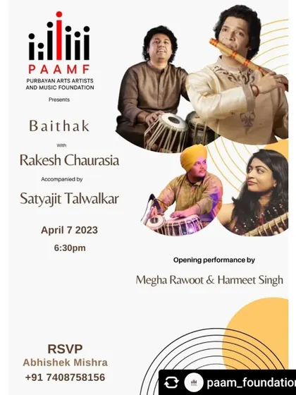 An announcement for a baithak presented by PAAM Foundation, where I had the honor of performing an opening set with Megha Rawoot ji.