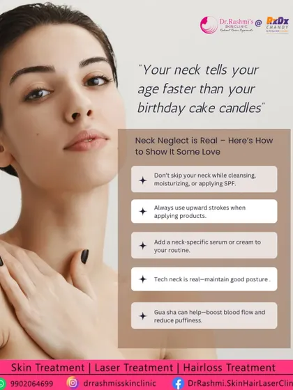 A post about "Neck Neglect," reminding us that the neck ages quickly and providing tips on how to care for it, such as using upward strokes and neck-specific creams.