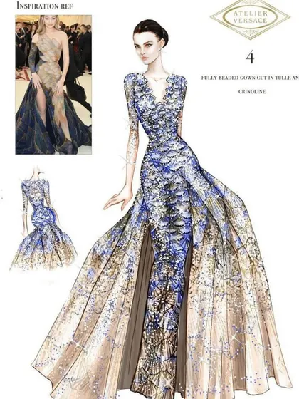 The journey of a custom couture piece. This is the original sketch from Atelier Versace, showing the concept and inspiration behind the fully beaded gown we created for Shloka.