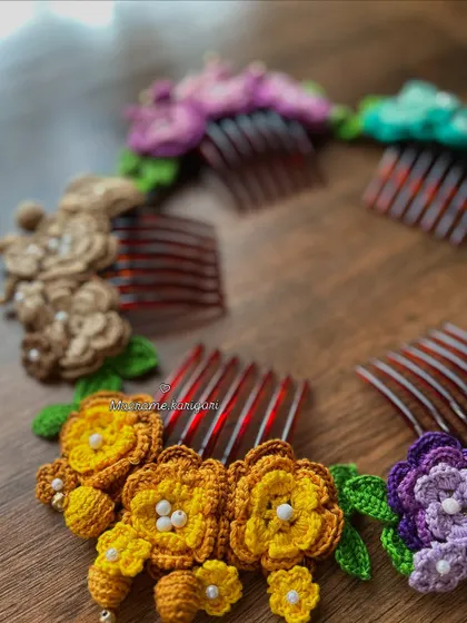 A circular arrangement of our colorful crochet bun combs. This shows the range of colors we offer, from sunny yellow to deep purple, all handcrafted with love.