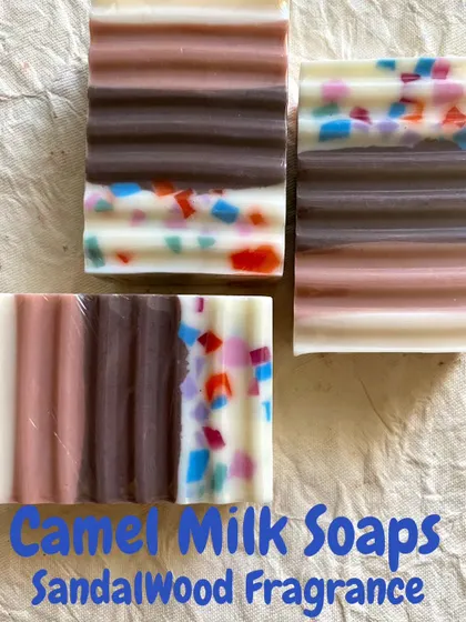 I love playing with layers and colors. These camel milk soaps have a warm Sandalwood fragrance and feature both solid layers and fun confetti sections, making each bar a unique piece of art.