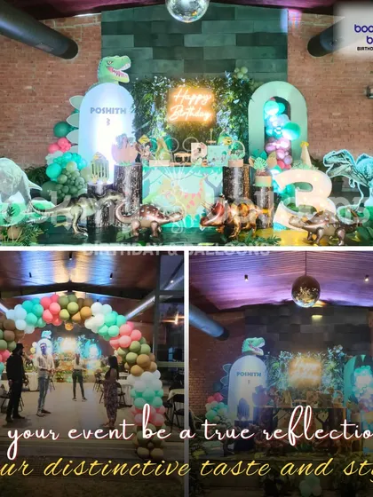 This image collage of a dinosaur themed party shows how we create a decor that is a true reflection of your distinctive taste and style, from the grand entrance arch to the main stage.