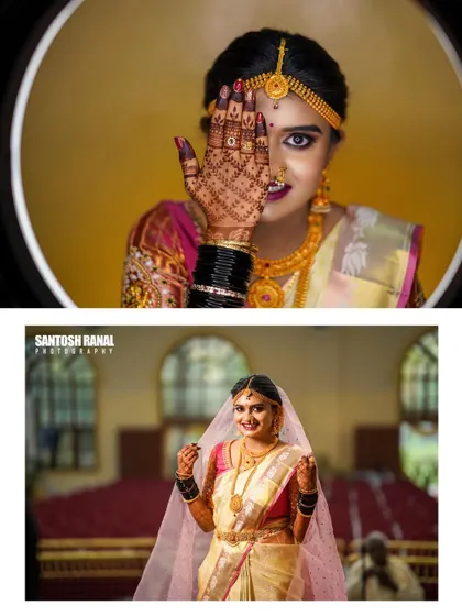 A creative collage with the bride playfully peeking from behind her henna-adorned hand.