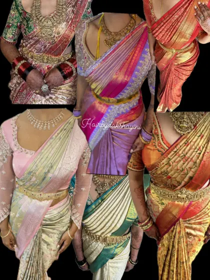 A collage showcasing the variety of perfect pleats I have created on different types of silk sarees. Each one is a testament to my dedication to the craft.
