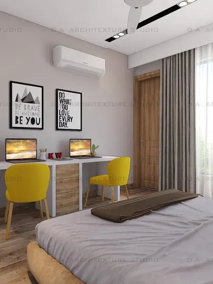 A simple and elegant master bedroom render, where neutral walls are paired with a pop of yellow in the furniture for a cheerful touch.