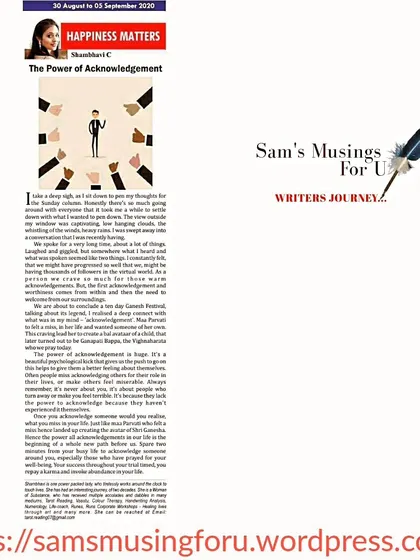 Another view of my column on "The Power of Acknowledgement," a key principle in my healing practice.