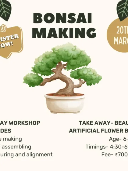 Learn the art of bonsai making in our one-day workshop. Participants learn base making, leaf assembling, and coloring to create a beautiful artificial flower bonsai tree to take home.