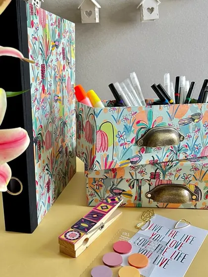 The 'Indian Savannah' collection includes A4 binders and stacking drawers with antique-finish handles, helping you tidy up your desk in style.