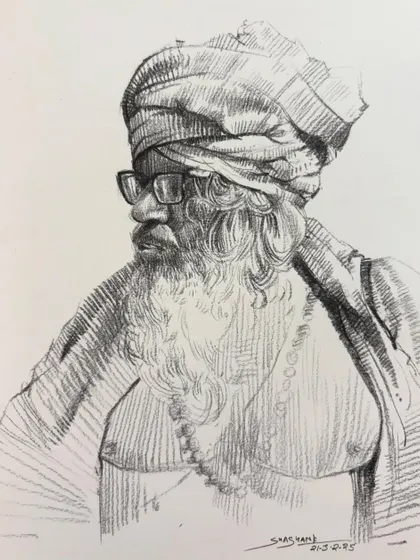 A pencil sketch of a sadhu, focusing on the texture of his long beard and the details of his expression. This type of expressive portrait is perfect for capturing character and personality.