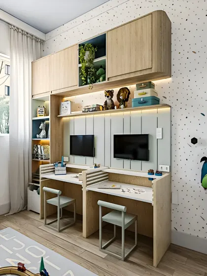 This shared kids' room includes a dual study station with individual desks and personalized back panels, ensuring each child has their own space.