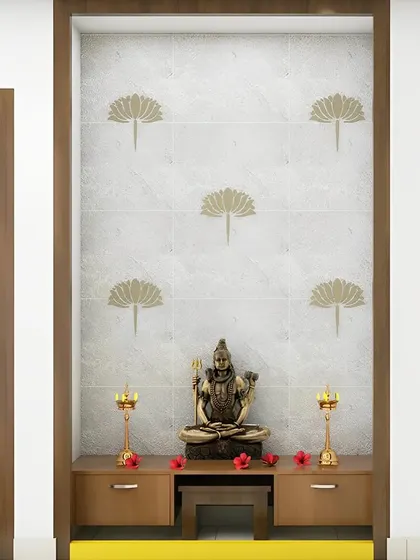 A simple yet profound design featuring a Lord Shiva idol in a meditative pose. The backdrop is a subtle marble-finish tile with inlaid lotus motifs, and the wooden console provides a stable, earthy base for the sacred space.