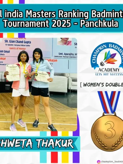 Our adult trainees are champions too. Heartiest congratulations to Shweta Thakur for winning a bronze medal in the Women's Doubles 35+ category at the All India Masters Ranking Badminton Tournament.