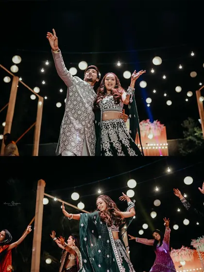 A collage of the couple dancing under the stars. These shots from their Sangeet night capture the magic and energy of their celebration.