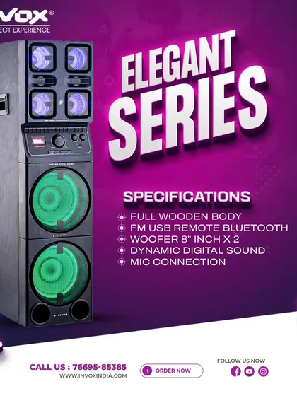 The Elegant Series combines style with power. This model features a full wooden body, dual 8-inch woofers, and dynamic digital sound for a premium listening experience.