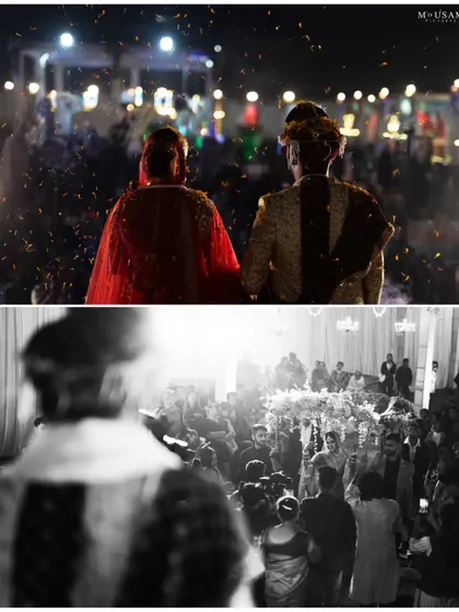 Two perspectives of the wedding ceremony. One shows the couple from behind, facing their cheering guests, while the other is a high-angle shot of them at the mandap. It captures the scale and emotion of the event.