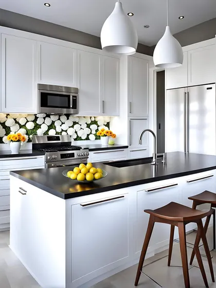 This kitchen design adds a playful touch with a floral-patterned backsplash. The white cabinets and dark countertops provide a neutral backdrop that lets the unique details shine.