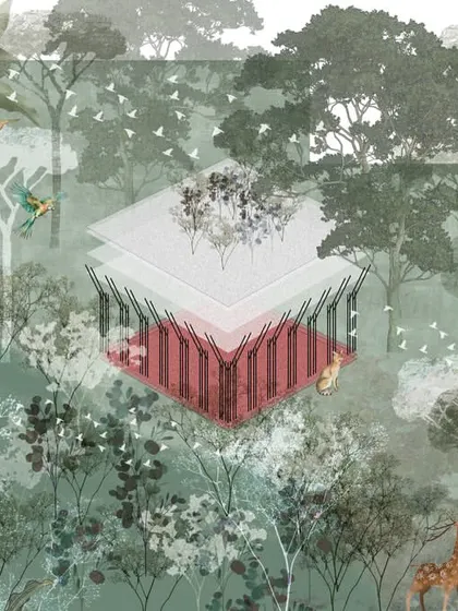 A conceptual illustration for The Sanctuary, a wellness pavilion in Hyderabad. The drawing depicts the lightweight structure as an oasis emerging from a lush, fantastical forest, capturing the project's spirit as an urban retreat.