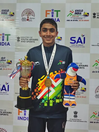 Drupad Ramakrishna after winning gold in the 5Km event at the Khelo India Beach Games.