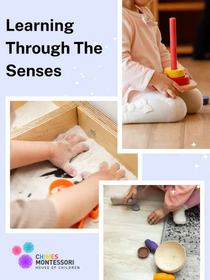 Learning through the senses is a core principle. This collage shows children exploring sand, weights, and shapes, building neural pathways through touch and feel.