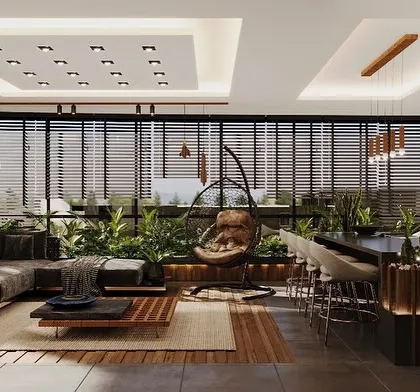 A complete view of a terrace sunroom designed with an integrated living and dining area. The space includes a modern kitchen, a comfortable lounge, and a hanging swing chair, all surrounded by large windows and lush planters.