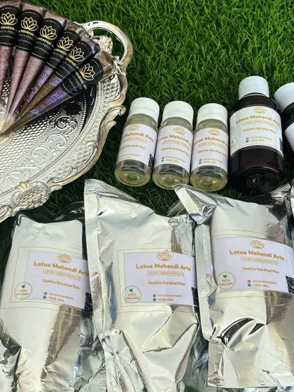 A display of my organic henna powders, essential oils, and ready to use cones. I provide everything you need to create beautiful and safe mehendi art, backed by my ISO 9001:2015 certification.