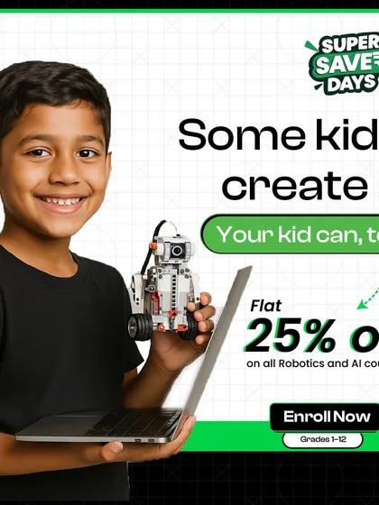 We believe in empowering children to be creators, not just consumers of technology. This image captures our philosophy, combined with our Super Saver Days offer, making it the perfect time to enroll your child and start their journey as an innovator.