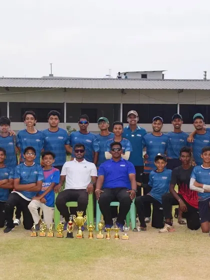 The victorious senior team and runners-up junior team after a successful bilateral series against GSR Cricket Academy in Dehradun.