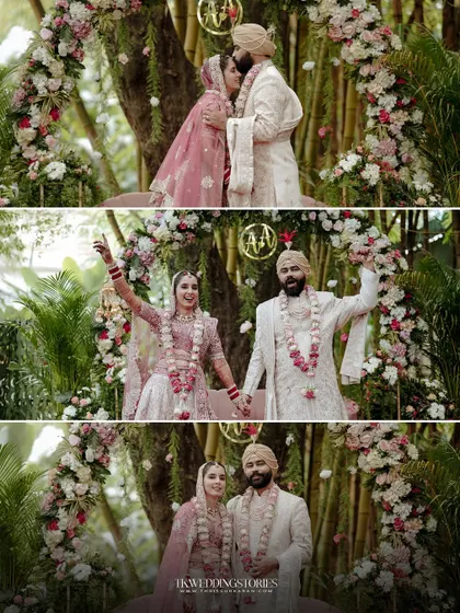 A collage of a Punjabi couple's wedding ceremony under a floral arch, capturing their joy and the beauty of the outdoor setting.