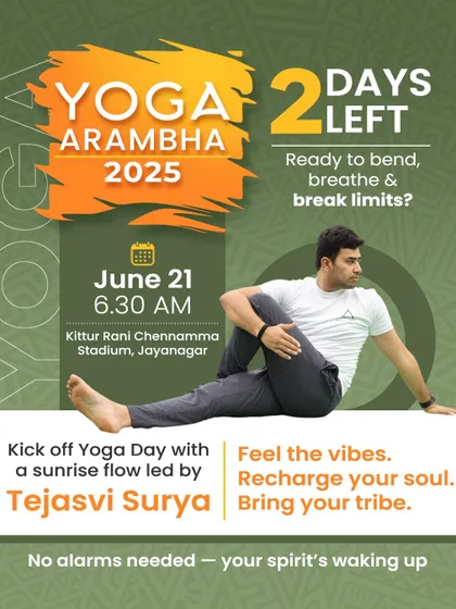The countdown is on. With just two days left, we invite you to kick off Yoga Day with a sunrise flow led by Shri Tejasvi Surya. Feel the vibes, recharge your soul, and bring your tribe.