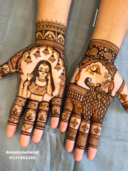 For festivals like Teej, I create special figurative designs. This set features a portrait of a woman on one hand and a peacock under the moon on the other, telling a story through the henna.