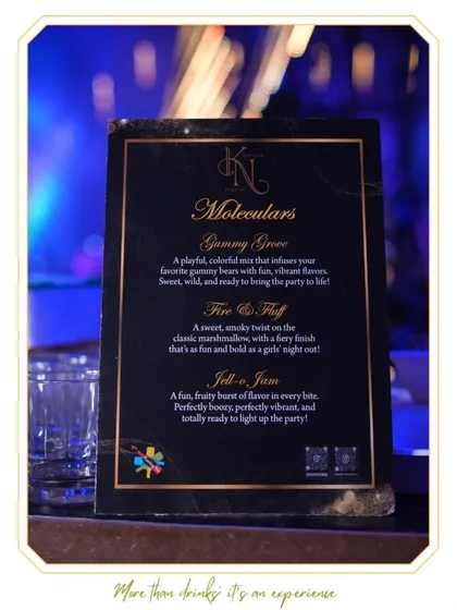A menu detailing our molecular offerings, including "Gummy Grove," "Fire & Fluff," and "Jell-o Jam." We give our innovative creations fun and descriptive names to entice guests.