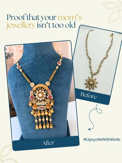 Proof that your mom's jewelry isn't too old to wear. We took a vintage South Indian pendant and earring set and created a stunning, wearable necklace by adding a pearl mala and modernizing the design.