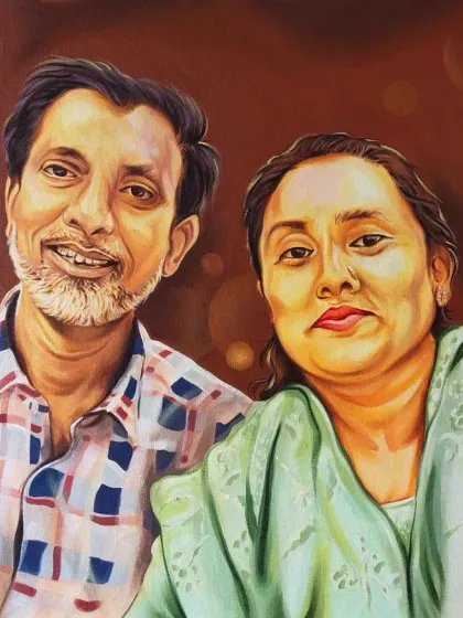This realistic acrylic portrait was commissioned as an anniversary gift, focusing on the couple's expressions and connection.