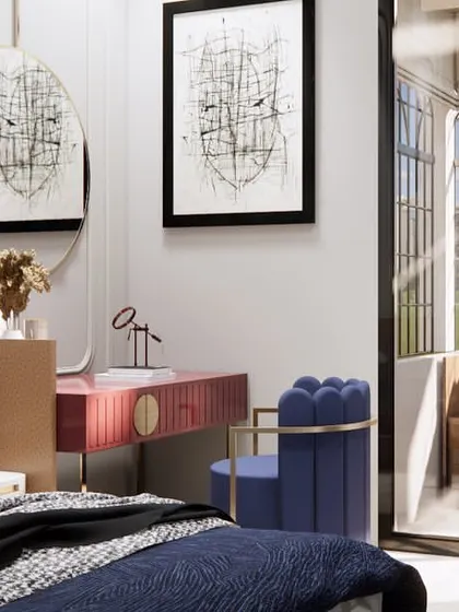 This angle highlights the bedroom's connection to a cozy balcony seating area. The design maximizes the view and natural light, creating a bright and airy retreat.