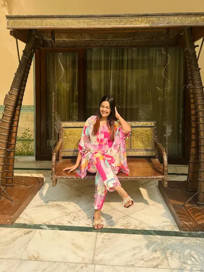 A happy, relaxed moment in my colorful Jaipur outfit.