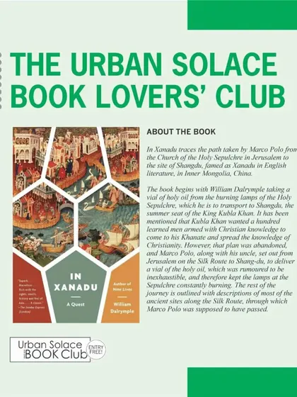 This month's read: "In Xanadu" by William Dalrymple. This poster gives a brief synopsis, preparing our members for the upcoming discussion on this epic travelogue.