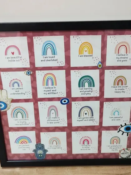 Another view of the custom affirmation board, showing the arrangement of the positive quote cards and protective charms.