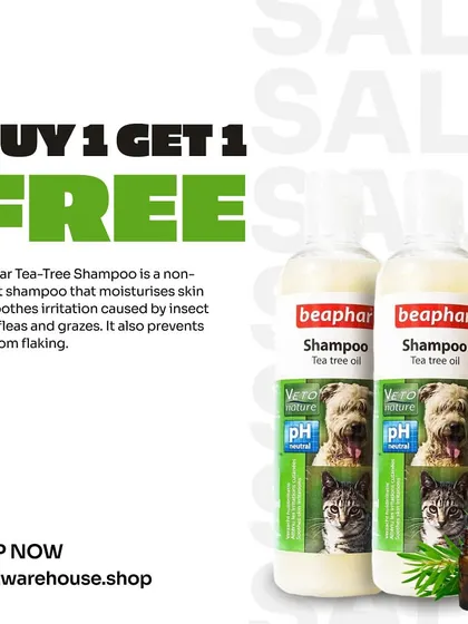 This non-irritant Beaphar Tea-Tree Shampoo for dogs and cats is available on a Buy 1 Get 1 Free offer. It moisturizes skin, soothes irritation from insect bites, and helps prevent flaking.