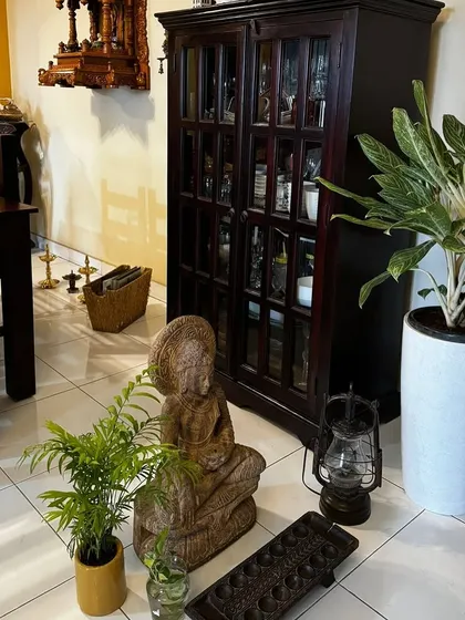 An elegant indoor setting featuring a large Aglaonema in a white planter. It's placed thoughtfully next to traditional wooden furniture and decor, showing how plants can bridge modern and classic styles.