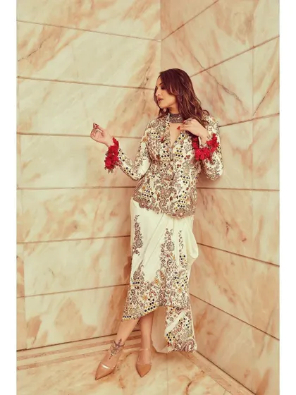 Another shot of the Anamika Khanna fusion look, showing off the details and the confident vibe.