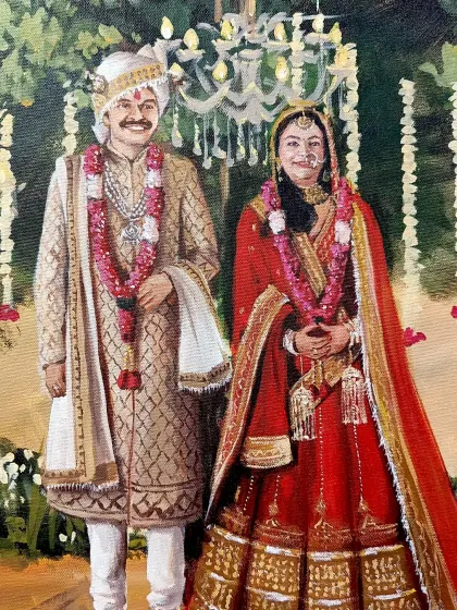 A detailed close-up of the couple from the Gurugram wedding painting. I pay close attention to the intricate jewelry and fabric details.