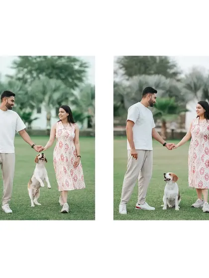 A diptych capturing the fun of having a pet in the shoot, with the beagle jumping playfully in one frame.
