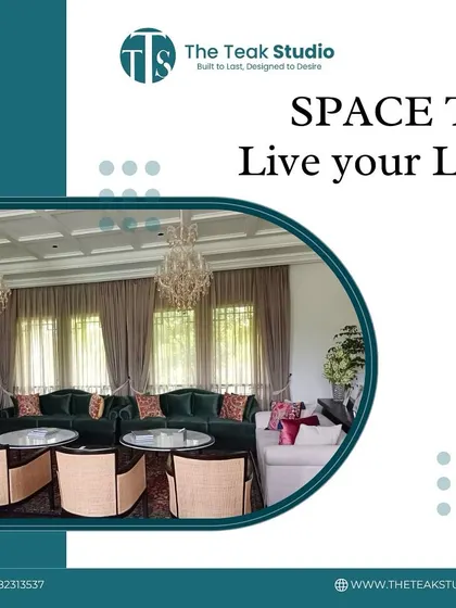 A promotional graphic with the tagline "Space to Live your Life," featuring a grand living room with multiple custom sofas and chairs. This image captures the essence of creating beautiful, functional spaces for everyday living.