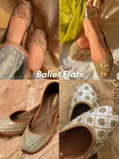 Ballet Flats & Juttis. For a traditional and comfortable option, embellished juttis or ballet flats are perfect. They come in countless designs to match any outfit.