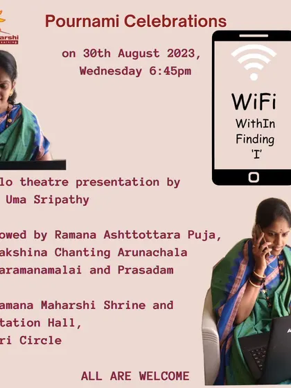 The poster for 'WiFi - WithIn Finding ‘I’', a solo theatre piece for Pournami. The clever title and modern imagery invite the audience to reflect on the search for the 'I' in a digitally connected world.