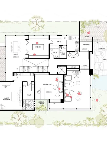 An abode amidst the lush vegetation in the outskirts of Hyderabad Designed for a family often hosting multiple gatherings, to create an environment where various activities coexist without encroaching one another.