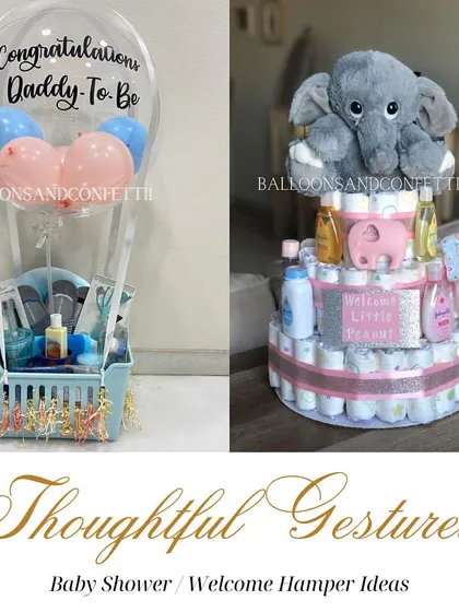 I create thoughtful gestures for every baby milestone. This collage shows a "Daddy-To-Be" hot air balloon hamper and an adorable elephant-themed diaper cake.