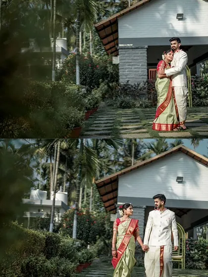 A collage of the couple taking a romantic walk through the lush gardens of their wedding venue, hand-in-hand.