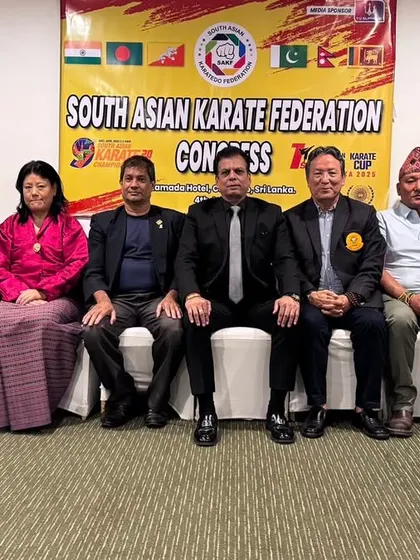 Presiding over the congress of the South Asian Karate Do Federation in Colombo, Sri Lanka, with representatives from all member nations.